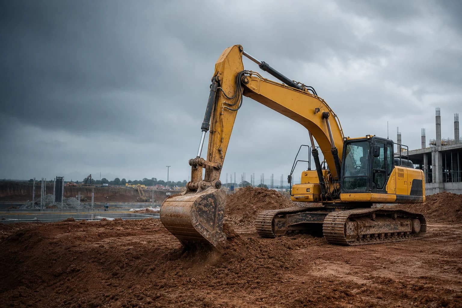 Escavadeira hidráulica em canteiro de obras
