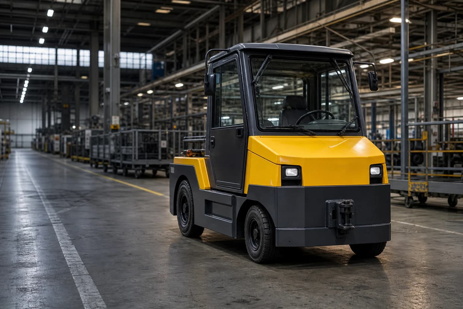 Rebocadeira elétrica tracionando comboio industrial