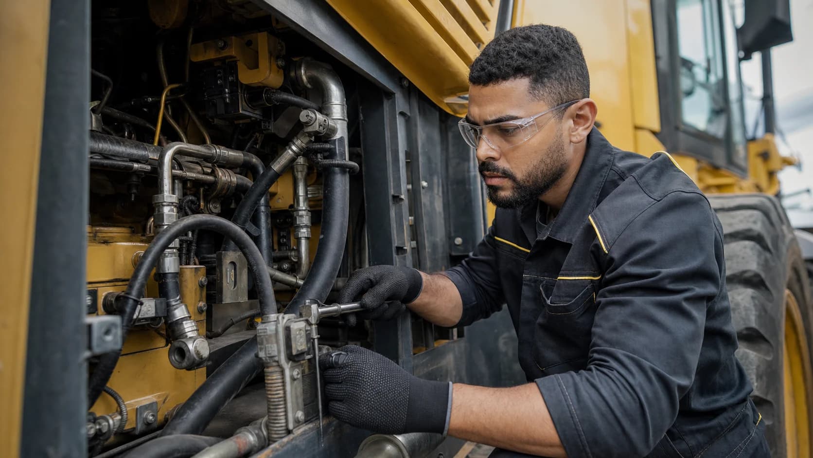 Técnico realizando manutenção preventiva em máquina pesada