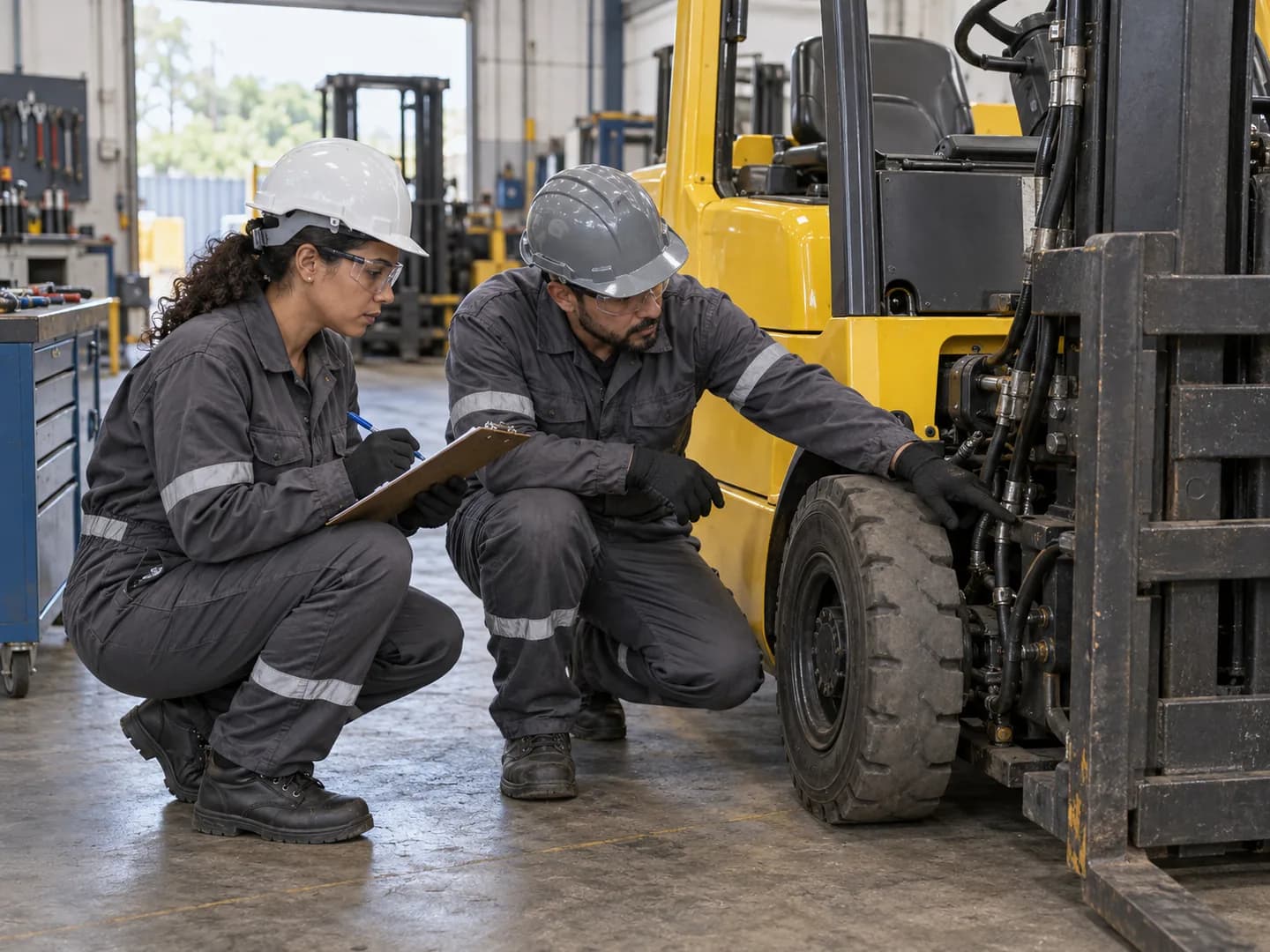 Profissionais realizando uma inspeção de segurança em equipamento pesado.